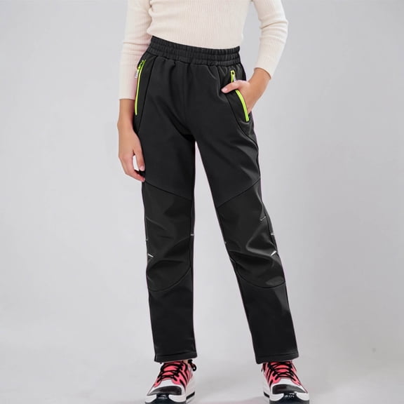 Boys Girls Softshell Hiking Pants Lined Skiing Snow Pants (Black 6-7 Years)