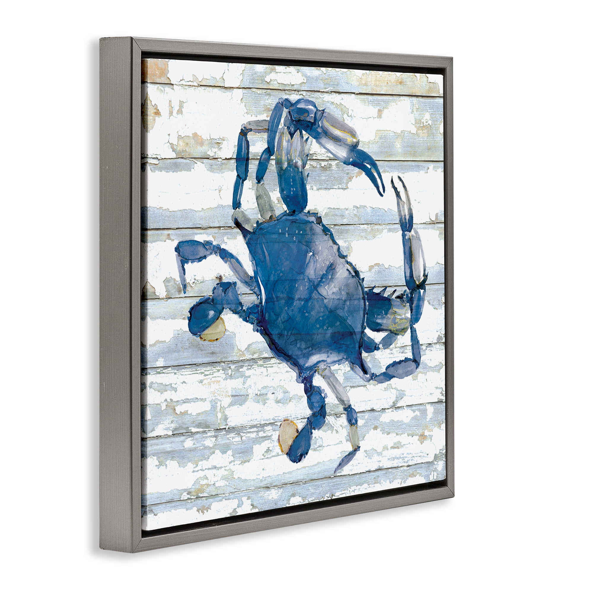 Stupell Industries Blue Crab on Distressed Animals Painting Gray Floater Framed Canvas Art Print Wall Art, 18 x 18