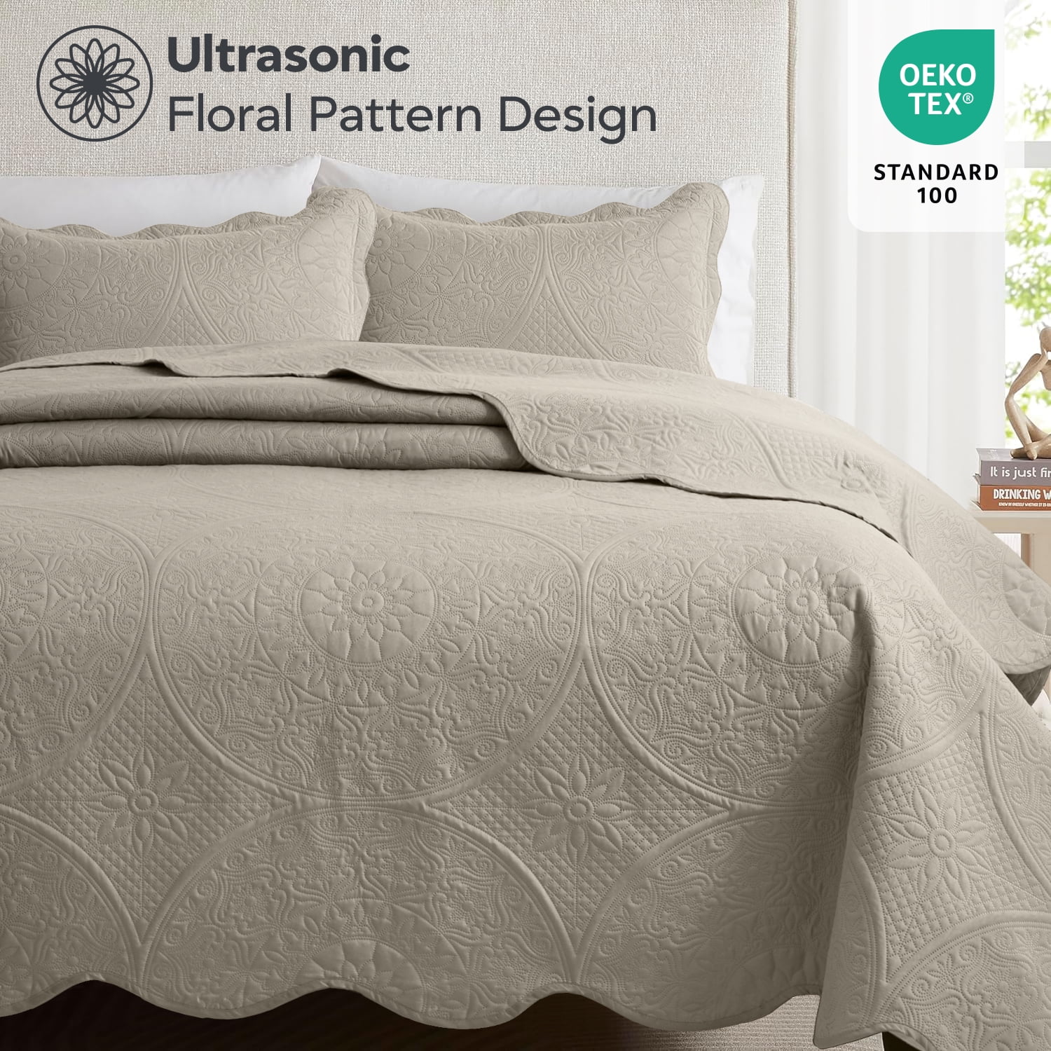 Ameha 2 Piece Reversible Quilt Set Ultra Soft Floral Coverlet Microfiber Bedding Set Twin Beige All Season