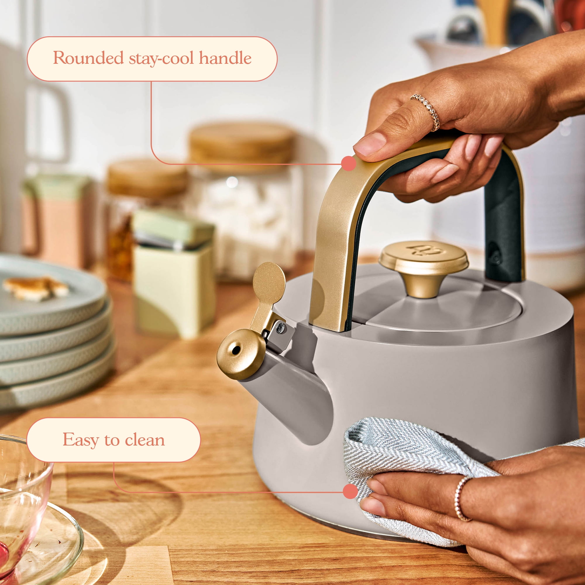 Beautiful 1.8L Ceramic Non-Stick Stovetop Tea Kettle, Porcini Taupe by Drew Barrymore