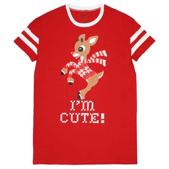 Rudolph The Red-Nosed Reindeer Women's I'm Cute Varsity Stripe Sleep Shirt, MD