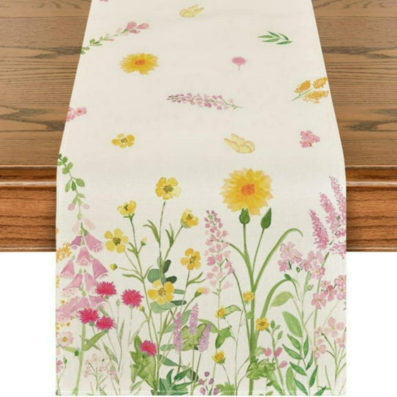 Hotiary Spring Table Runner, 13x72 Inch Wildflowers Floral Farmhouse Rustic Runner,Seasonal Spring Summer Kitchen Dining Table Decoration for Home