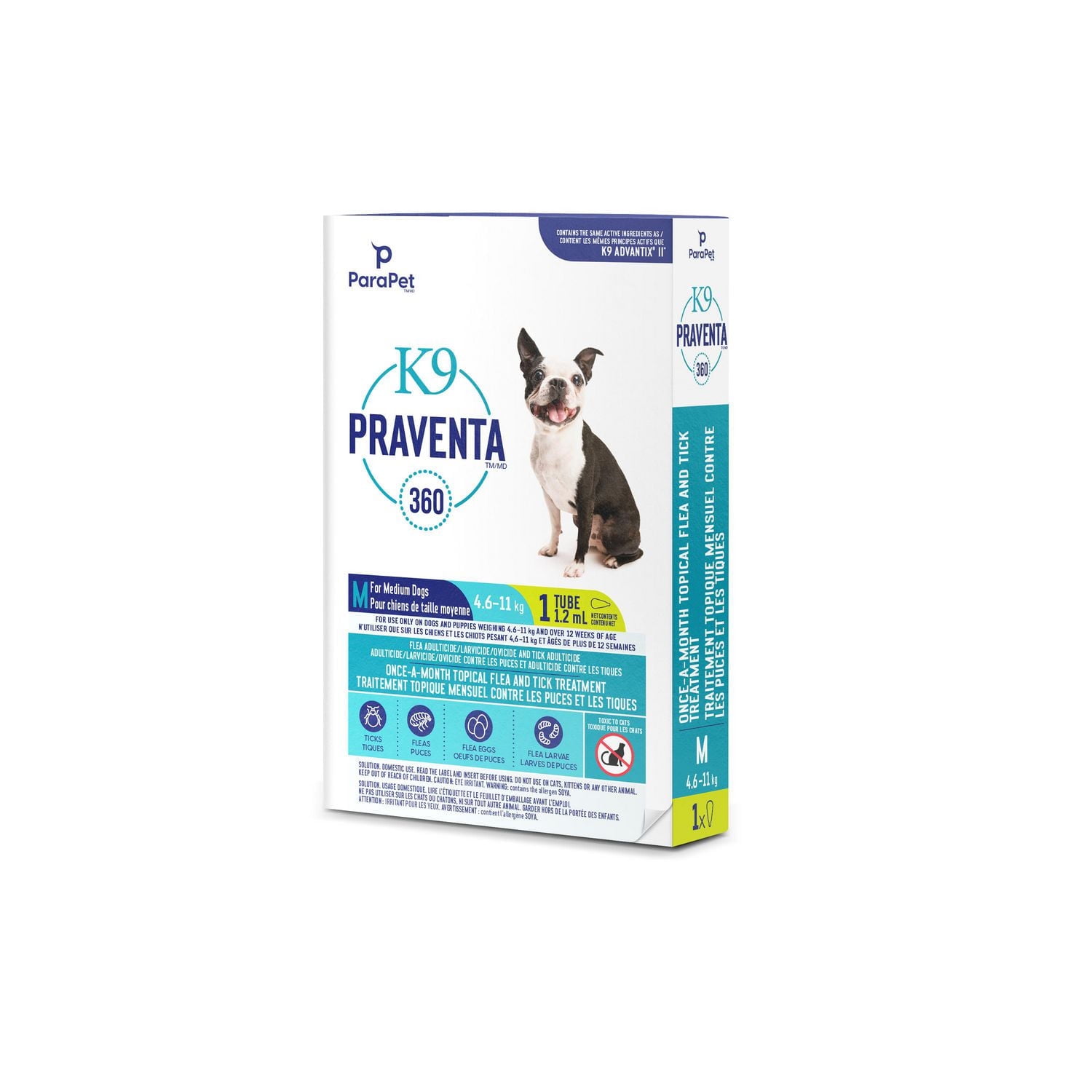 Parapet K9 Praventa 360™ traitement contre les puces et les tiques pour chiens de taille moyenne, 4,6 kg à 11 kg, 1 tube