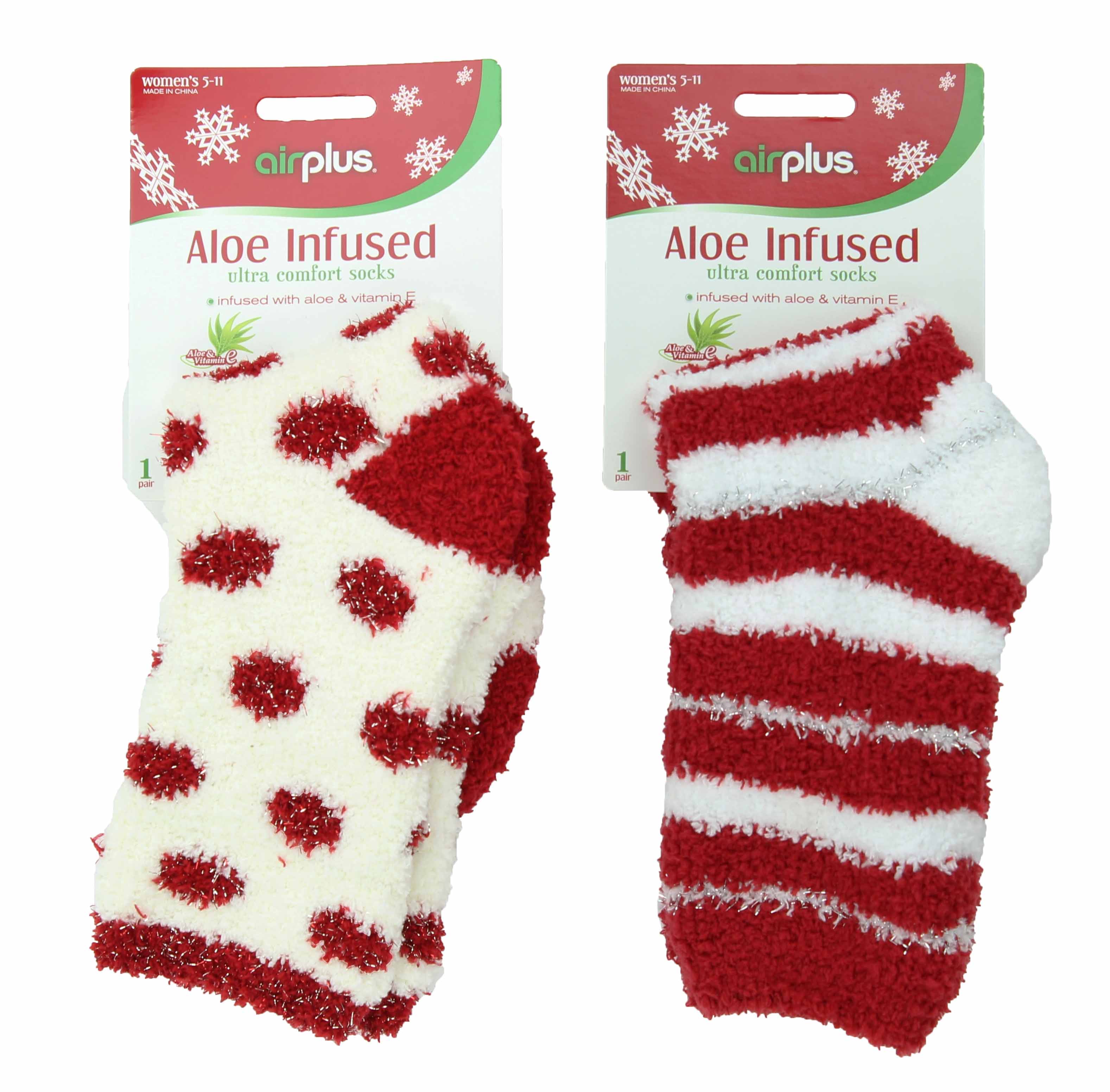 Airplus - Airplus Women's Aloe Infused Ultra Moisturizing Holiday Socks 2-Pack (Red Stripes 
