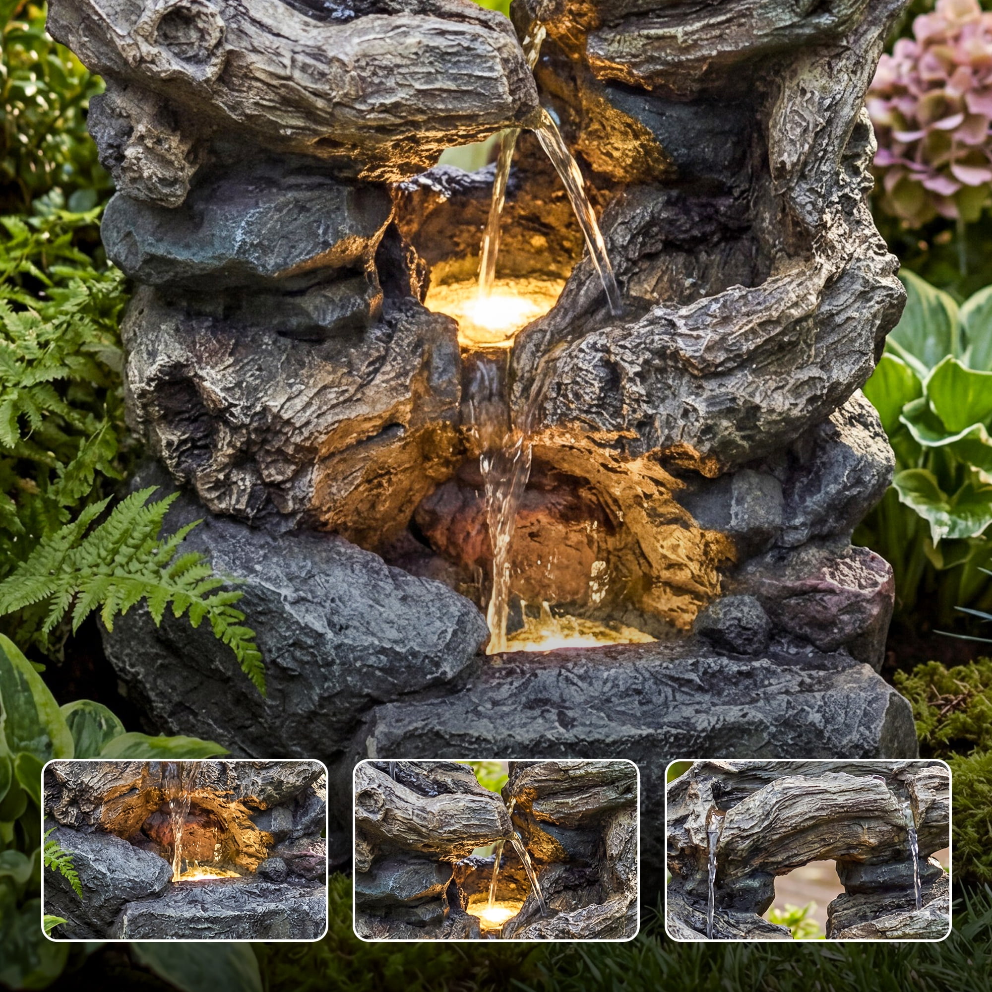 VBAL 32"H Outdoor Freestanding Water Fountain, 5-Tier Cascading Rock Resin with LED Light and Pump, Stone Imitation, Outdoor Water Feature for Garden, Patio, Yard, Deck, Porch, Lawn, Gray
