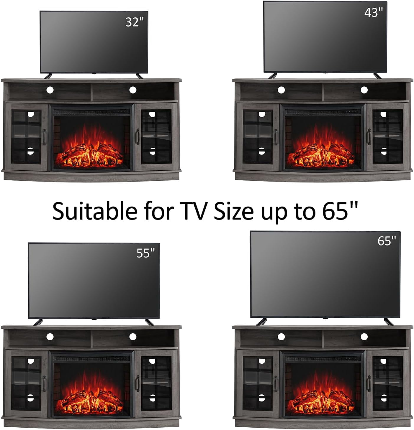VANACC TV Stand with 26" Fireplace, 63" Entertainment Center with Fireplace', Wash Gray