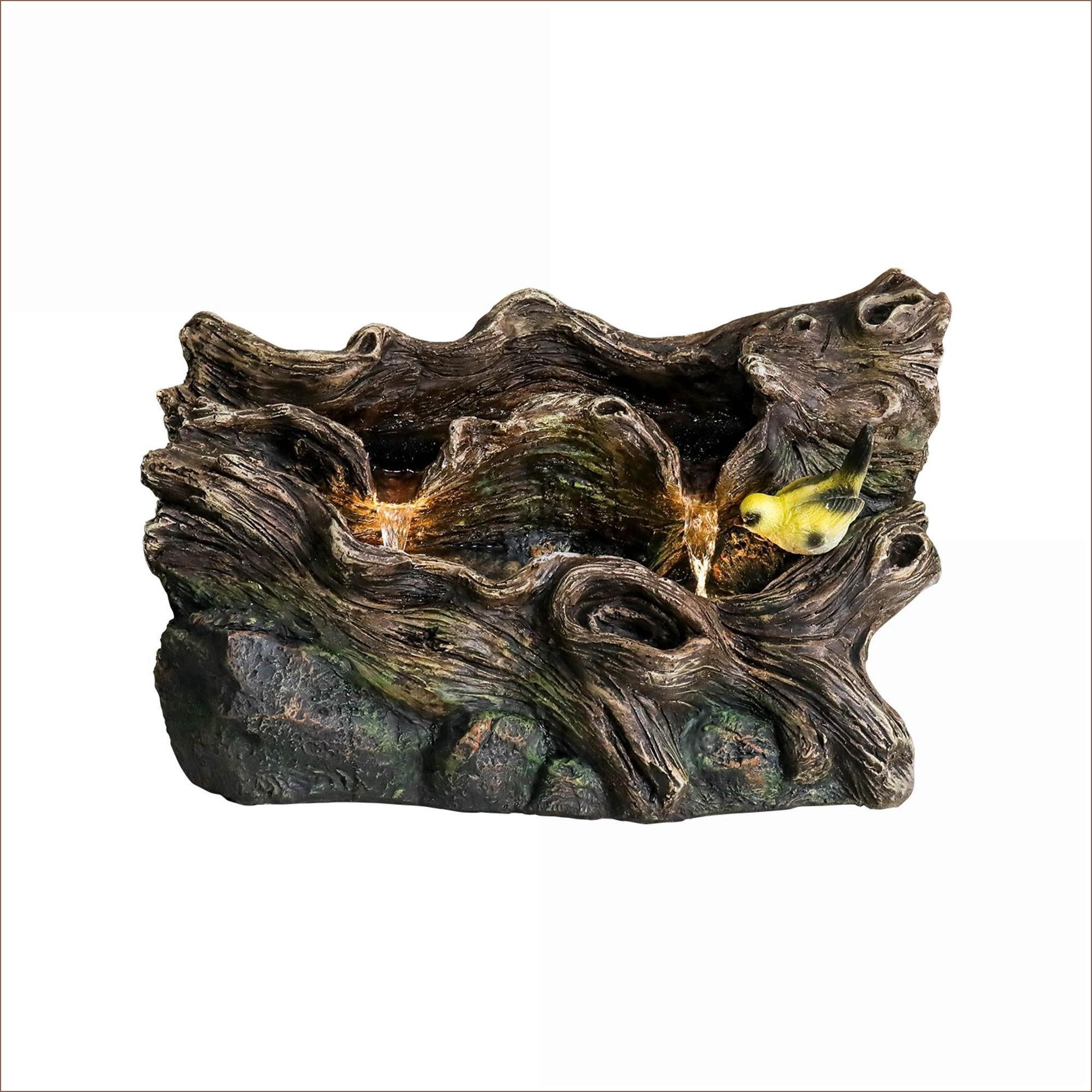 Fountains | 14.1" Rustic Tree Trunk Outdoor Fountain for Garden Patio, Adjustable Pump, No Assembly | Tan Brown | Concrete / Cement