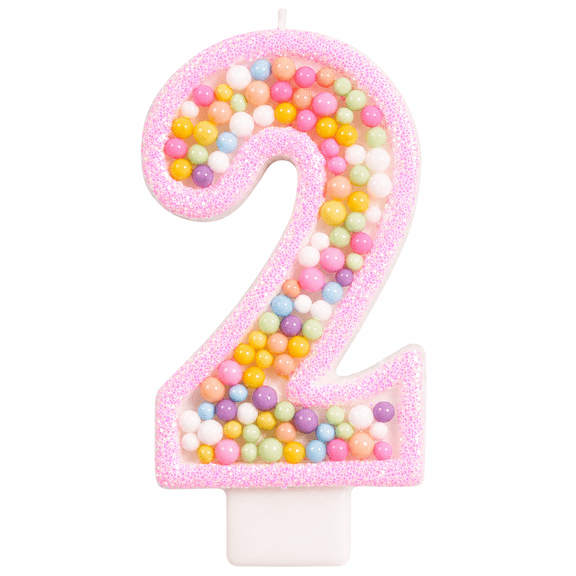 Pink Number 2 Birthday Candle, Colorful Macaron Cake Topper Candle with Glitter and Pearl Details for Birthday Cakes, Parties, Weddings, and Anniversaries