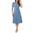 thumbnail image 2 of Vestido de trabajo para mujer INSPIRE CHIC, con escote en V, manga corta, por debajo de la rodilla, con cinturón, corte A, plisado, talla XS, azul grisáceo, 2 of 5