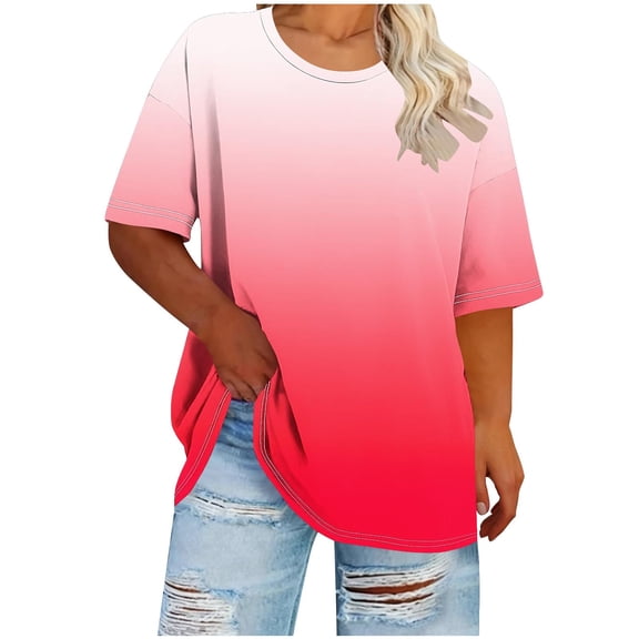 Sexlip Womens Short Sleeve Ombre Crew Neck T Shirt Gradient Design Soft Fabric Relaxed Silhouette for Beach Days Pink XXXXL