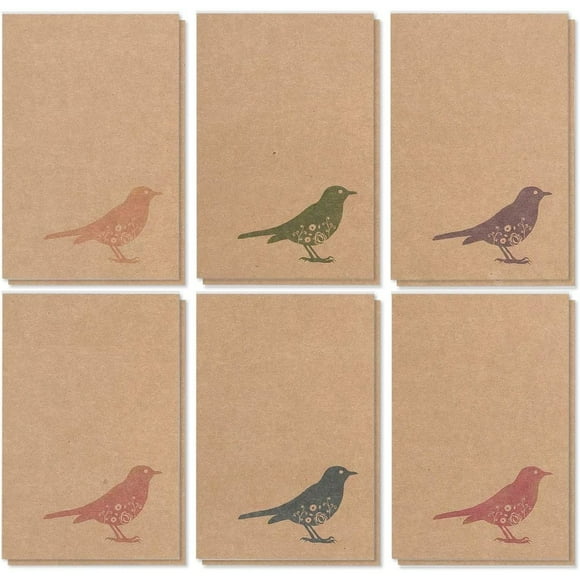 36 Pack All Occasions Assorted Blank Note Cards Greeting Cards Bulk Box Set - 6 Colorful Rustic Bird Designs - Blank on the Inside Notecards with Envelopes Included - 4 x 6 inches