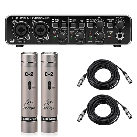 Behringer U-Phoria UMC204HD Audiophile 2x4 USB Audio/MIDI Interface Bundle with 2x C-2 Microphones and 2x 25 XLR Cable