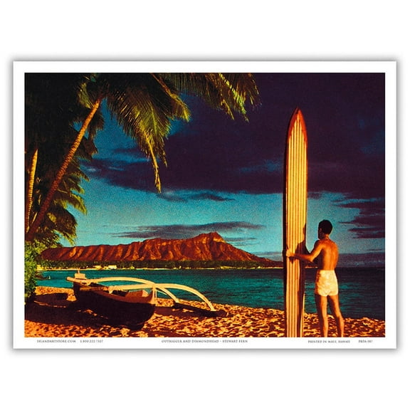 Surfer Outrigger Canoe and Diamond Head Crater - Honolulu Hawai’i - Vintage Hawaiian Kodachrome Postcard by Stewart Fern c.1951 - Master Art Print (Unframed) 9in x 12in