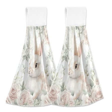 

2pcs Kitchen Hanging Towels Bathroom Hanging Towels Velcro Soft Hand Towel Absorbent Tie Towels for Kitchen Toilet Tea Bar Washcloth Decor Bunny Surrounded by Roses