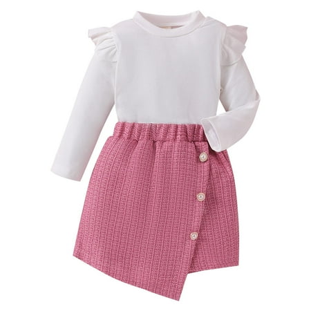 

EnJoCho Kids New Year Outfit Toddler Girls Autumn/Winter Striped Fly Long Sleeve Ruffled Top and Plaid Printed Irregular Skirt Girl Fall Outfits Little Child Trendy Clothing Holiday Casual Wear