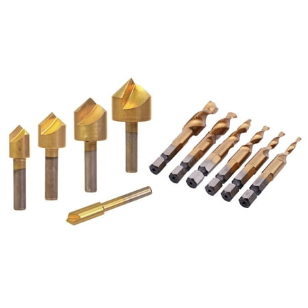 

11Pcs Drill Bit Set: 5Pcs Chamfering Countersink Drill Bit Set - 1/4 to 3/4 Inch & 6Pcs HSS Titanium M3 - M10 Combination Hex Deburr Countersink Tap Drill Bit Set