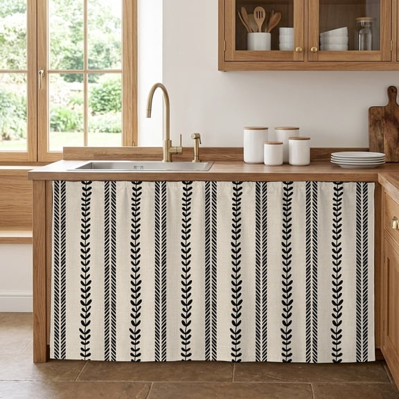 Hand-Drawn Lines Cabinet Curtains for Kitchen 28"W x 51"L, Modern Abstract Black Leaf Lines Khaki Under Sink Skirt Magic Tape Short Curtain Decorative Privacy Panel for Pantry Cabinet Opening
