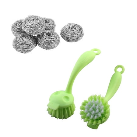 Kitchen Pot Pan 6pcs Stainless Steel Wire Pad Scrubber 4cm Dia and 2pcs Plastic Grill Bowl Clean Scrub Brush Light Green