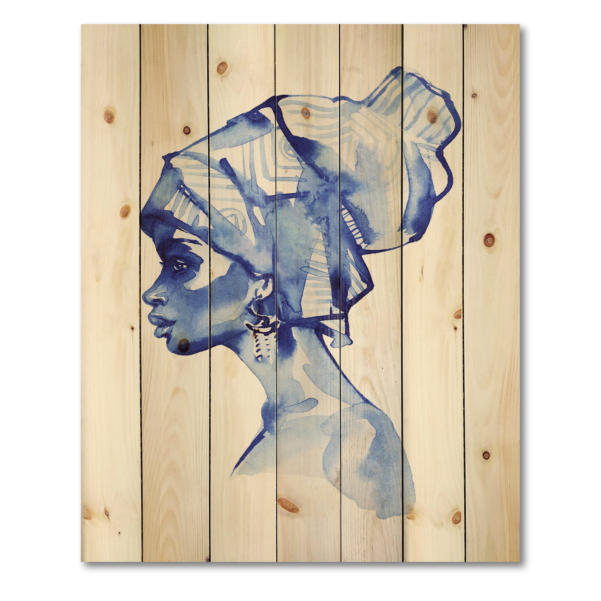 Designart 'Afro American Woman Blue Fashion Portrait' Modern Print on Natural Pine Wood
