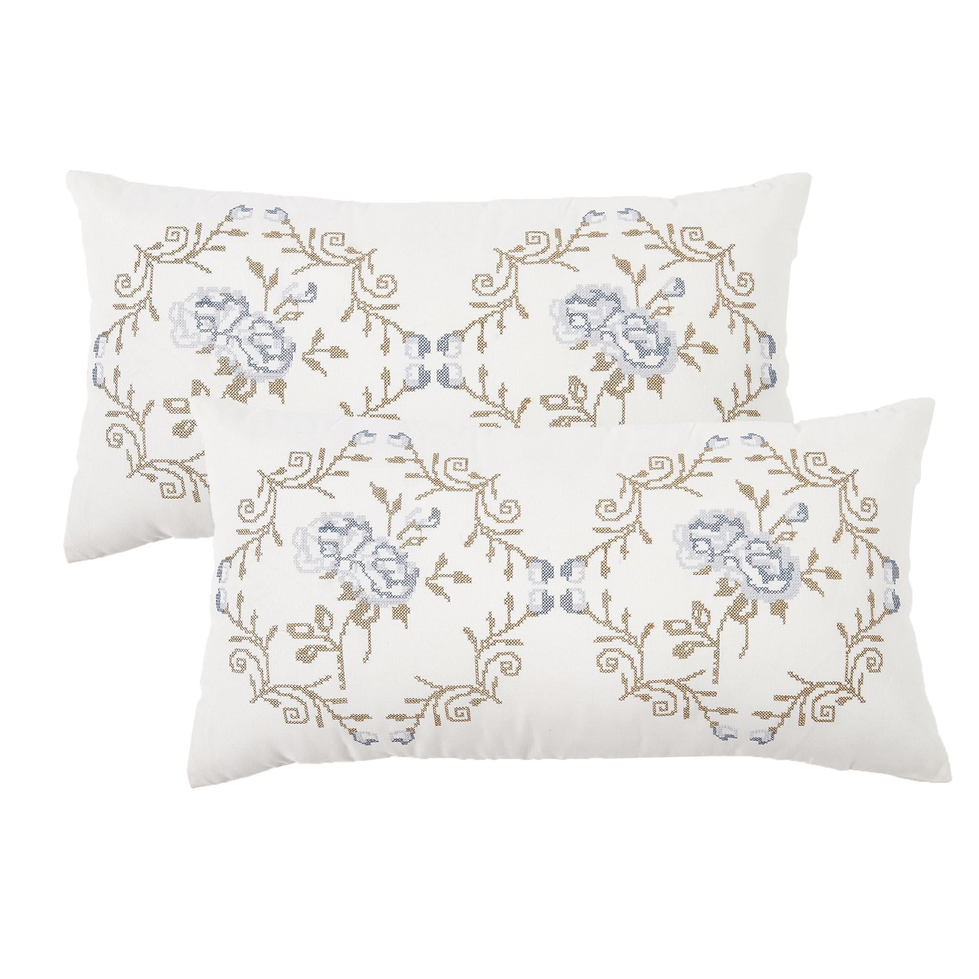 Home Soft Things Embroidery Canvas Throw Pillow Cover Pillow Case 2 Piece Set - Rose - Grey Blue - 14" x 26" LUMBAR