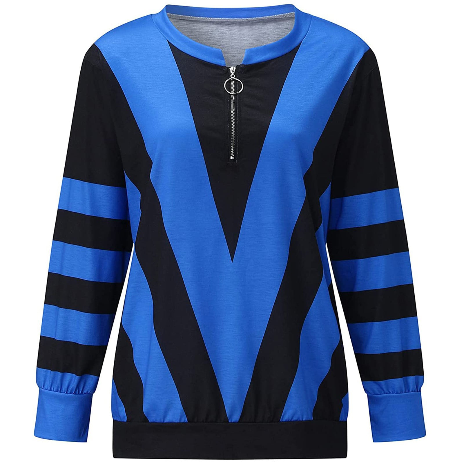 V Neck Long Sleeve Tops for Women Plus Size Fashion Color Block Striped  Graphic Print Tunic Tee Casual Pullover Shirts（Blue,XXXXL) 