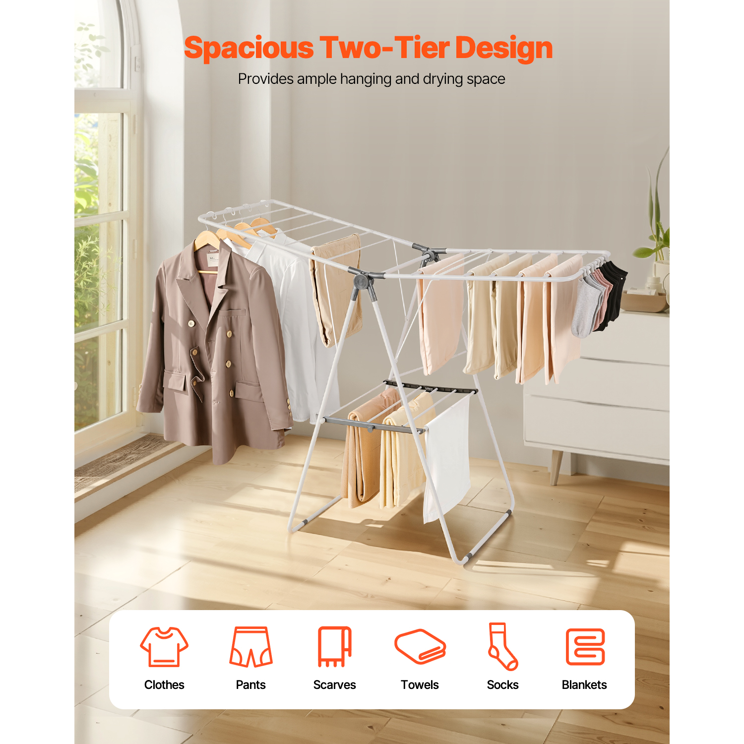 KFFKFF 2-Tier Adjustable Clothes Drying Rack, White photo 3