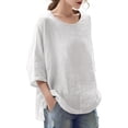 thumbnail image 3 of Womens 2024 Plus Size Linen Tops Summer Breathable 3/4 Sleeve Beach Shirts Trendy Comfort Tunic Tops Crew Neck Blouses, 3 of 4