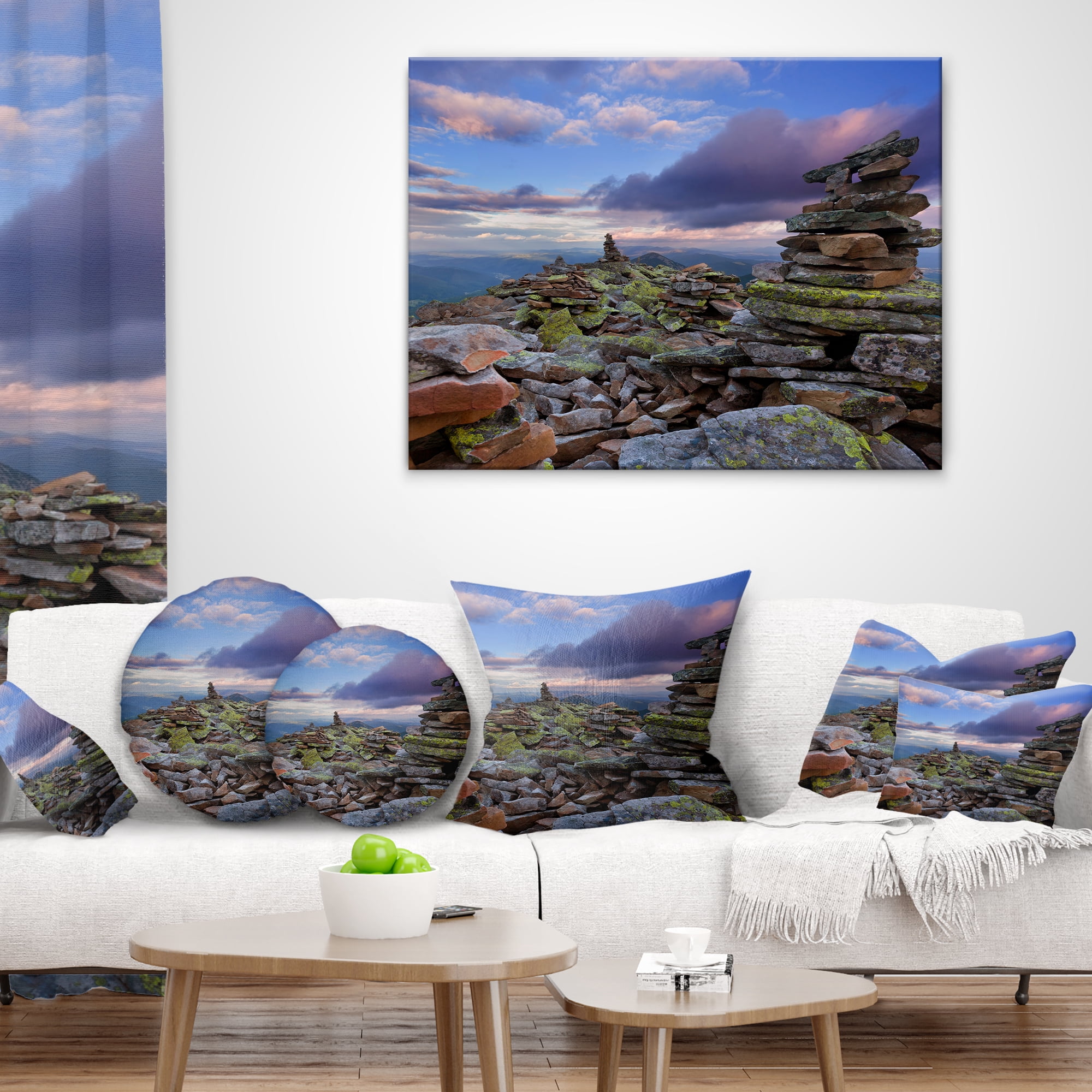 Designart Piled Stones in Summer Mountains - Landscape Photography Throw Pillow - 12x20