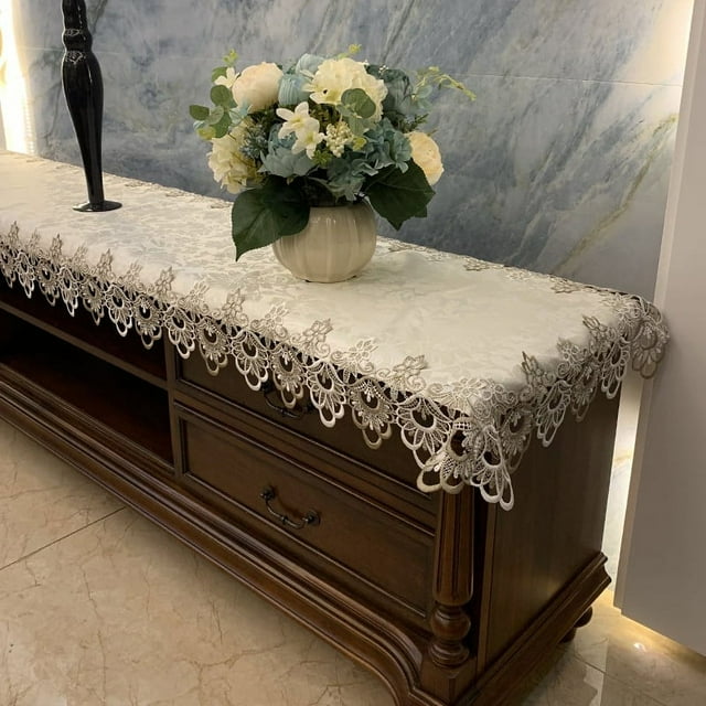 CHUANK Rectangular Lace Table Runner Doilies Table Dresser Scarf Table Cover for TV Cabinet Dining Room Wedding Holiday Party Table Decor