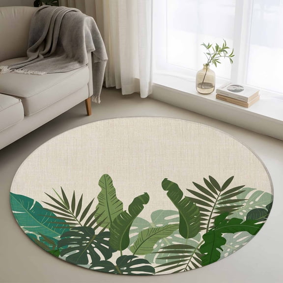 Round Rugs 3Ft, Palm Leaves Tropical Round Area Rug Washable Indoor Throw Carpet, Beige Summer Watercolor Botanical Small Non Slip Circle Rug for Bedroom Living Room Home Decor Aesthetic