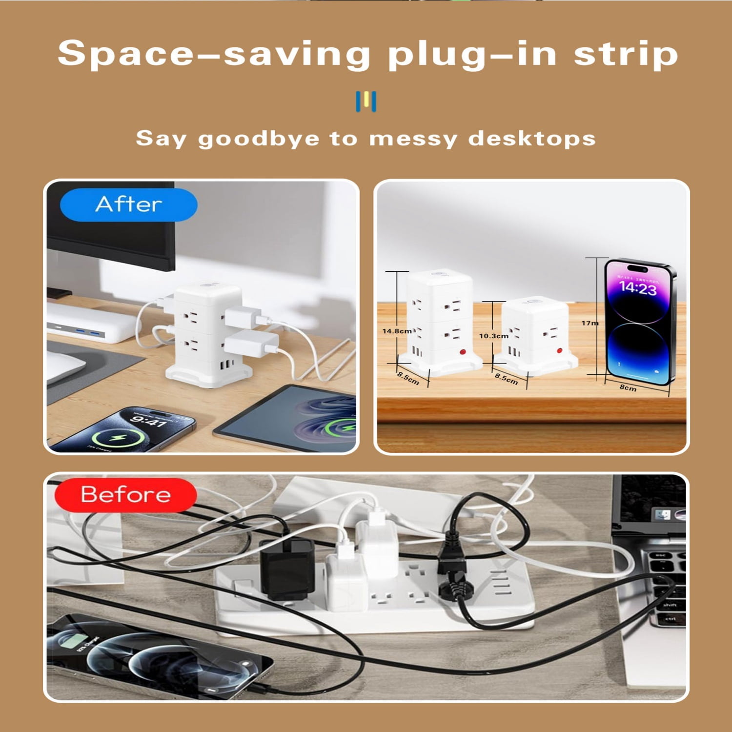 BEISHINK 8 Export Tower-Type Surge Protector with Night Light Function, Equipped with 3 USB Ports, 6.5FT Extension Cable, White Color