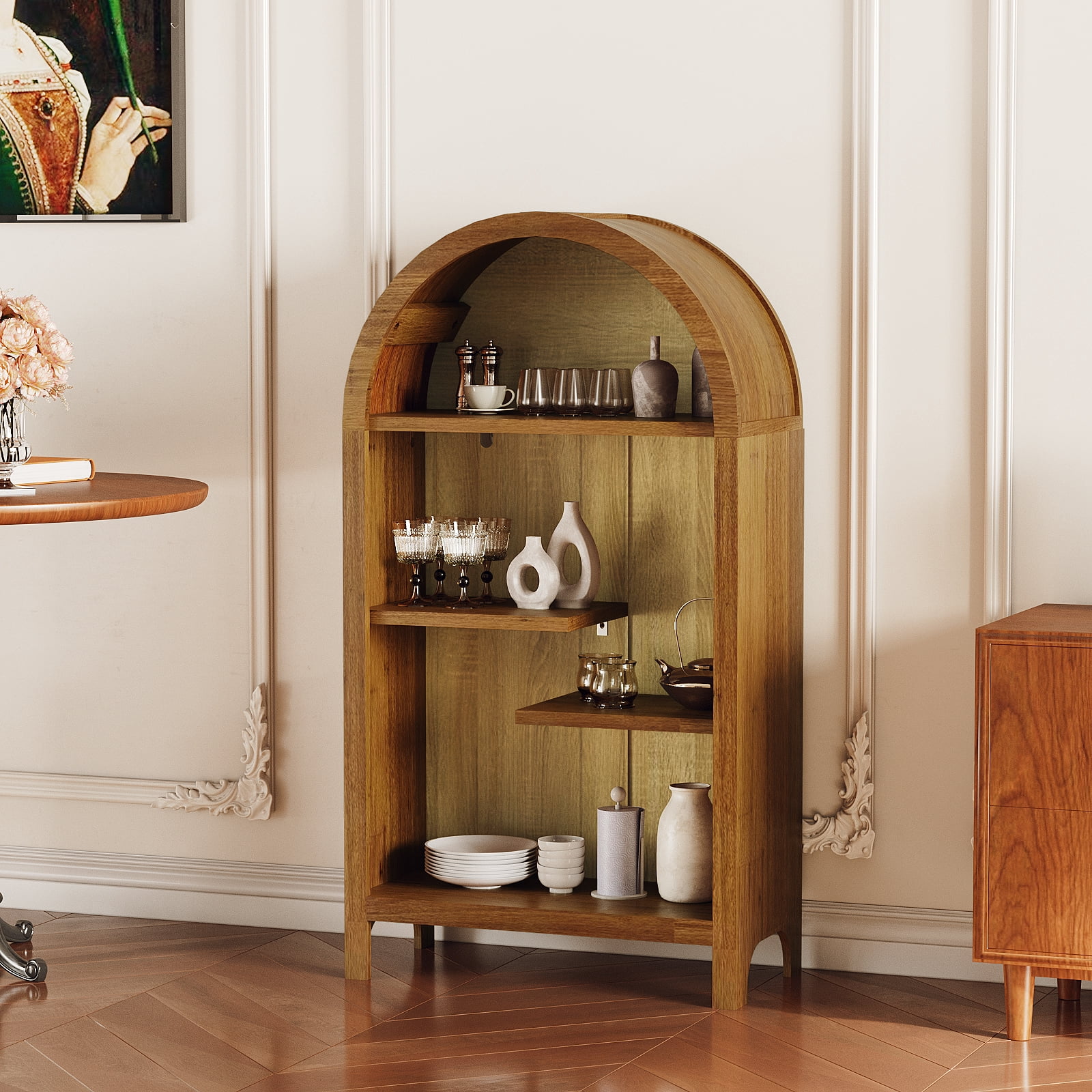4-Tier Arched Top Freestanding Shelf, Asymmetrical Open Storage Cabinet, Wood Display Shelf for Entryway, Living Room, Bedroom, Hallway