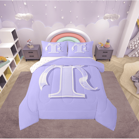 Erosebridal Initial I Letter Bedding Sets Twin with Comforter, Princess Bow Duvet Insert, Purple Monogrammed Reversible Down Comforter, Microfiber Room Decor, 2 Pieces