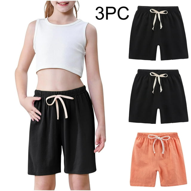 Odeerbi 2-10 Años Niños Niñas 3 Pcs Verano Algodón Lino Pantalones Cortos Entrenamiento Deportivos Cortos Lindo Color Sólido Pantalones Cortos Suaves Respirables