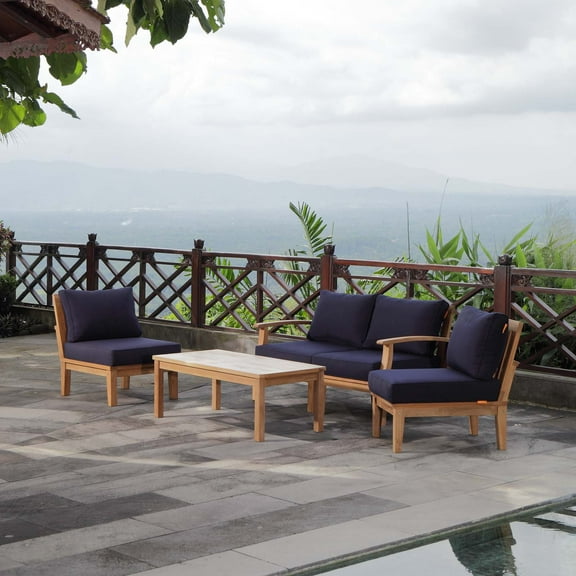 Modway Marina 5 Piece Outdoor Patio Teak Set in Natural Navy