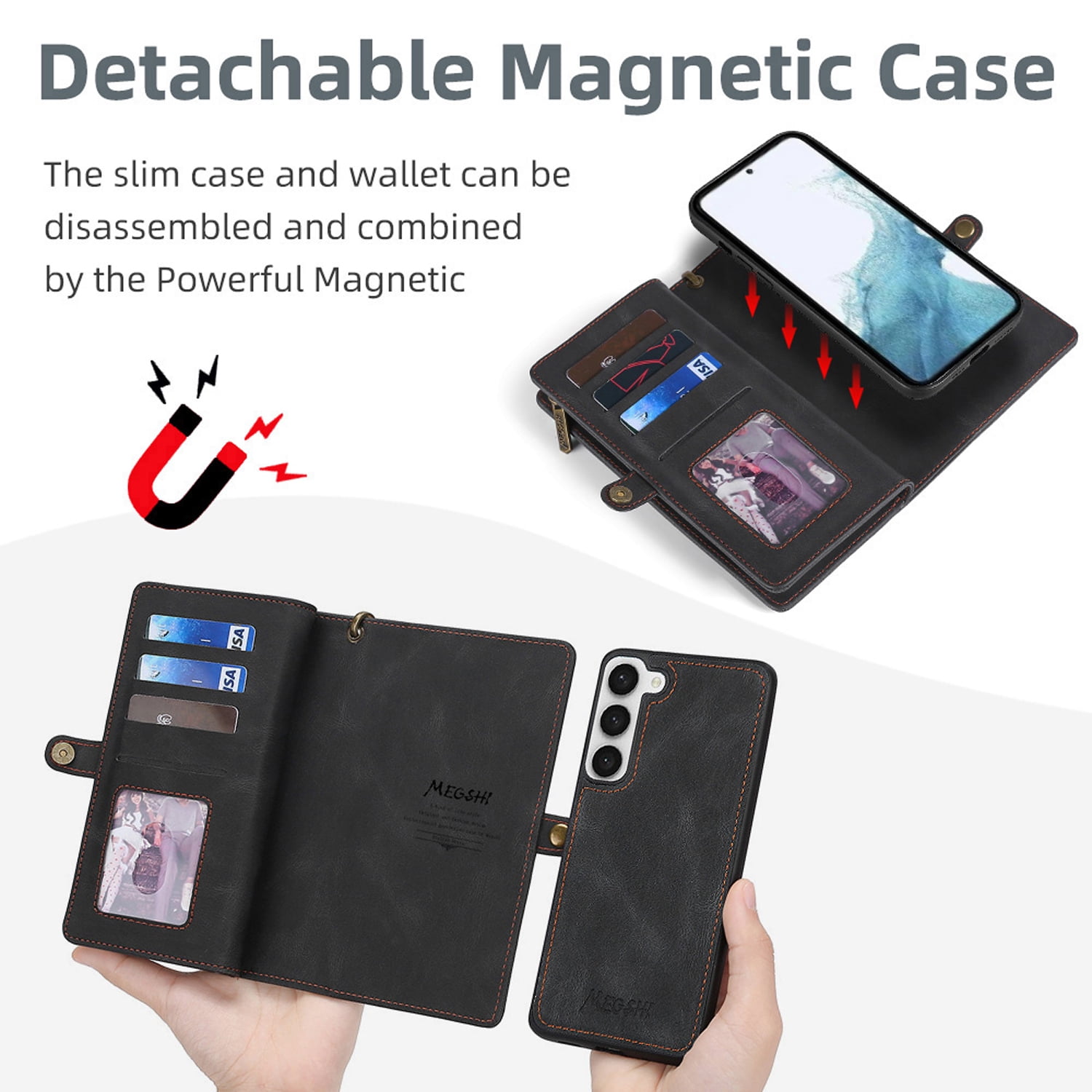 for Samsung Galaxy S25 Plus Case for Women Men, Removable Durable PU Leather Magnetic Flip Strap Wristlet Zipper Purse Card Holder Detachable Wallet Phone Cases for Samsung Galaxy S25 Plus, Black