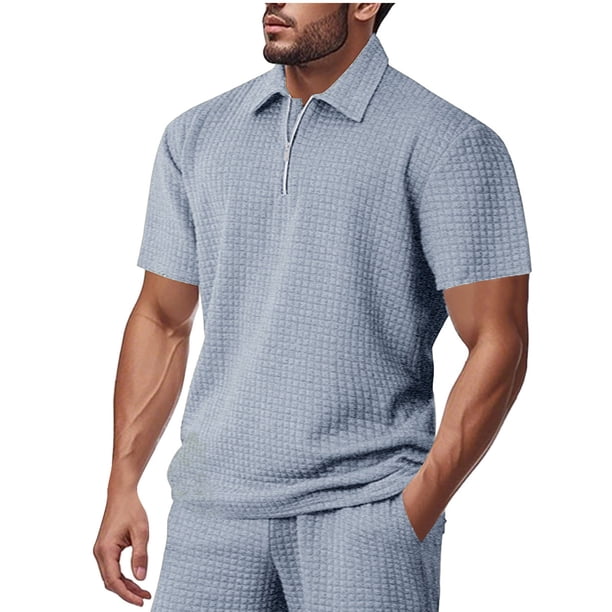 pstuiky camisetas para hombre, Camiseta informal de verano para hombre, de color liso, con mangas cortas, cremallera y solapa camisas casuales para hombre m