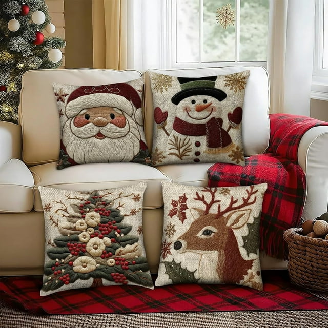 Uuowzo Housses de Coussin de Noël 15.75x15.75 Pouces Housses de Coussin Décoratives avec Tissu Doux Fermeture Éclair Cachée pour Décoration Intérieure Extérieure 4 Pcs, Multicolore