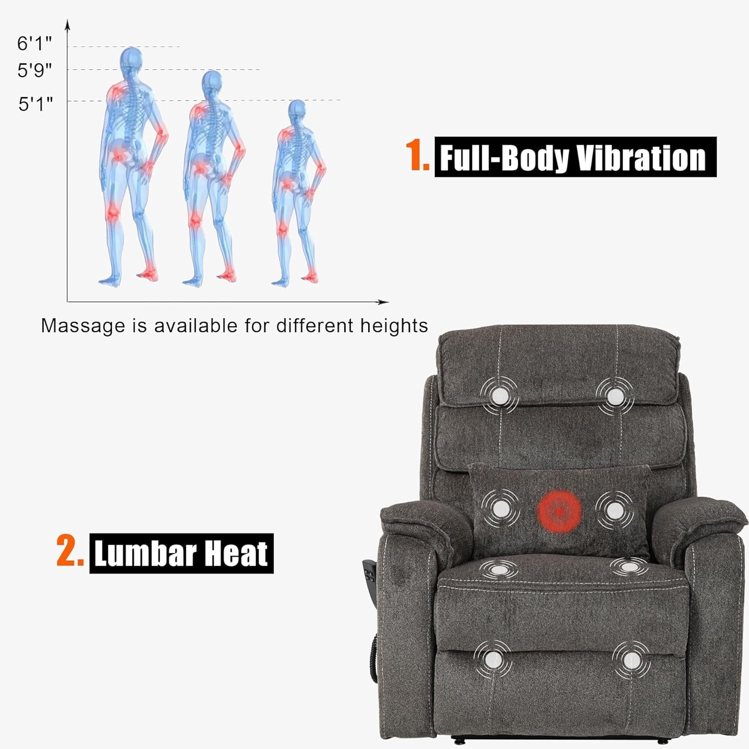 Adults Power Lift and Heat Recliners with Wireless Charging Device and USB Ports