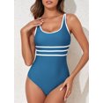 thumbnail image 3 of SHEWIN Womens One Piece Swimsuit Striped Bathing Suits Sports Tummy Control Cheeky High Cut Swimwear Blue, 3 of 11