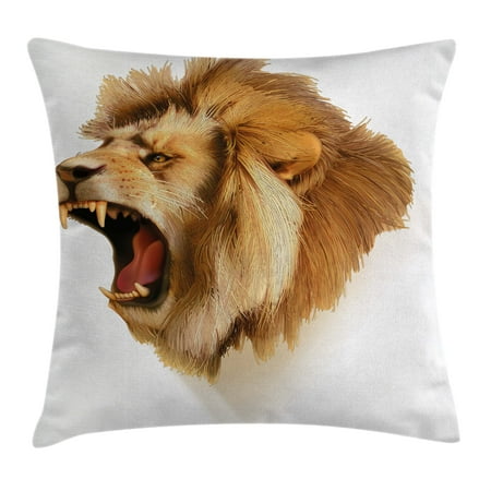 Majestic Square Two Light - King Throw Pillow Cushion Cover, Roaring Wild Lion Head Safari African Animal Majestic Cartoon Like Print Artwork, Decorative Square Accent Pillow Case, 16 X 16 Inches, Light Brown, by Ambesonne