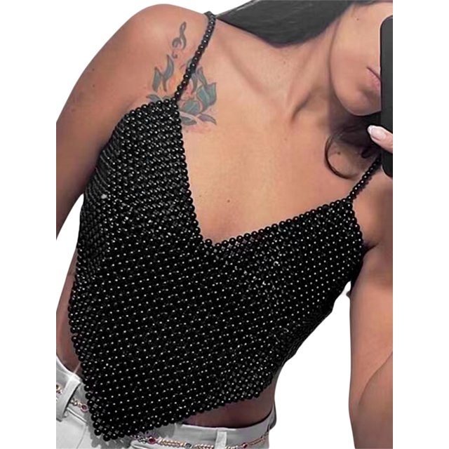 Txlixc Chaleco de cuello colgante de verano femenino blusa negra sin mangas con cuentas en la espalda Txlixc moda
