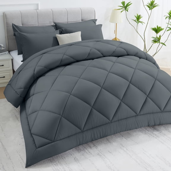 WISHEAD Comforter Queen Size All Season Soft Quilted Down Alternative Bedding Duvet Insert with Corner Tabs, Machine Washable, Dark Grey