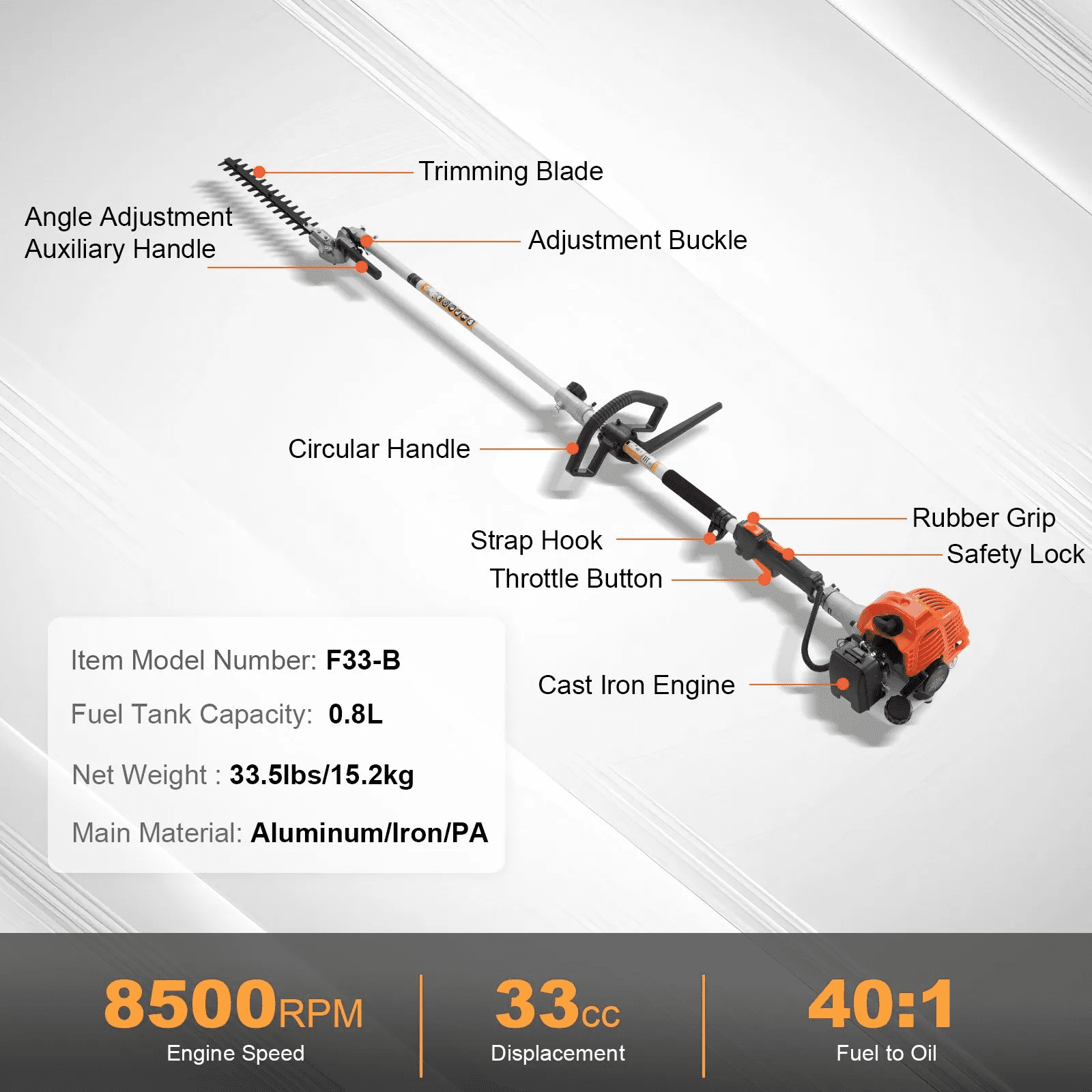 33CC 6-in-1 Multi-Functional Trimming Tools, Gas Hedge Trimmer, Weed Trimmer, String Trimmer, Brush Cutter, Edger, Pole Saw Chainsaw Pruner with Extension Pole
