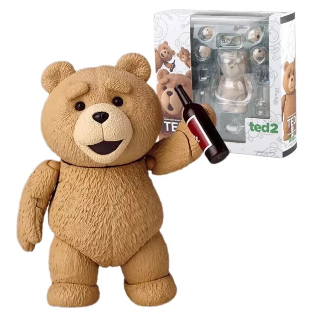 figura de acción de oso de peluche ted 2 sin caja, muñeco de juguete modelo de película gk yamaguchi revoltech no.006, regalo increíble — vista frontal 3/4 de la figura articulada con textura de pelaje marrón claro, ojos negros y boca abierta; brazo levantado sujetando una botella de vino; a menudo usada para exhibición de colecciones.