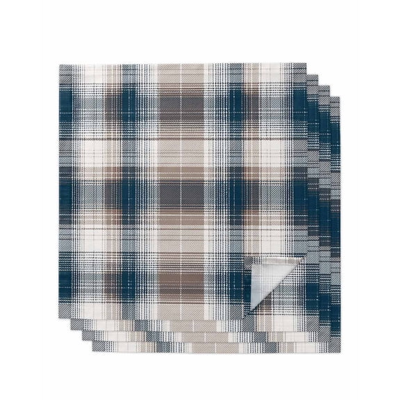 Blue Brown Plaid Cloth Napkins Set of 4 Reusable Dinner Napkins, Modern Abstract Striped Gingham Checked Cocktail Napkin Washable Table Napkins for Wedding/Holiday Party/Baby Shower 20"x20"