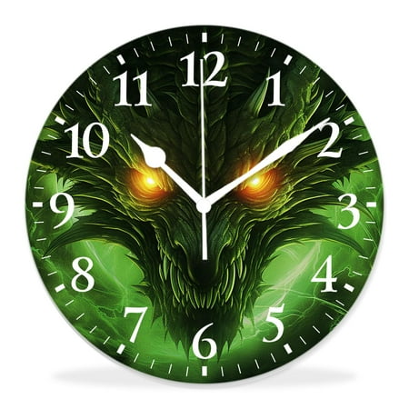 14 Inch Wall Clock Battery Operated Silent Clock Decorative for Office, Kitchen, Outdoor, Living Room,Green Fire Flame Sparkle Dragon Head on Black Elegant