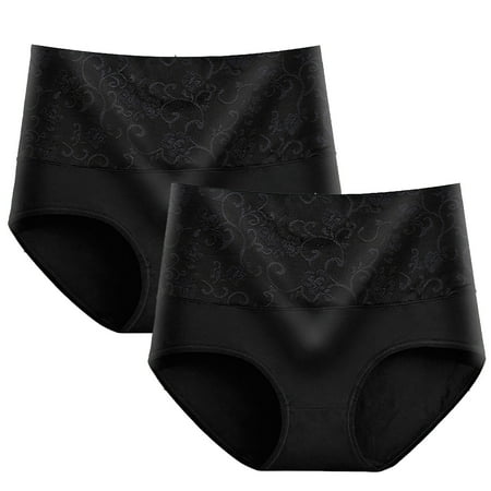 High Waist Underwear Women 2pc High Waist Tummy Panties for Women  Cotton Underwear Full Cover Shapewear Ladies Floral Lace Waisted Brief Panties Seamless Underwear for Women Cotton Black L
