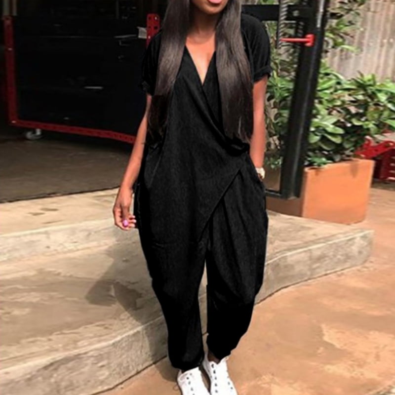 tie neck short sleeve black jumpsuit