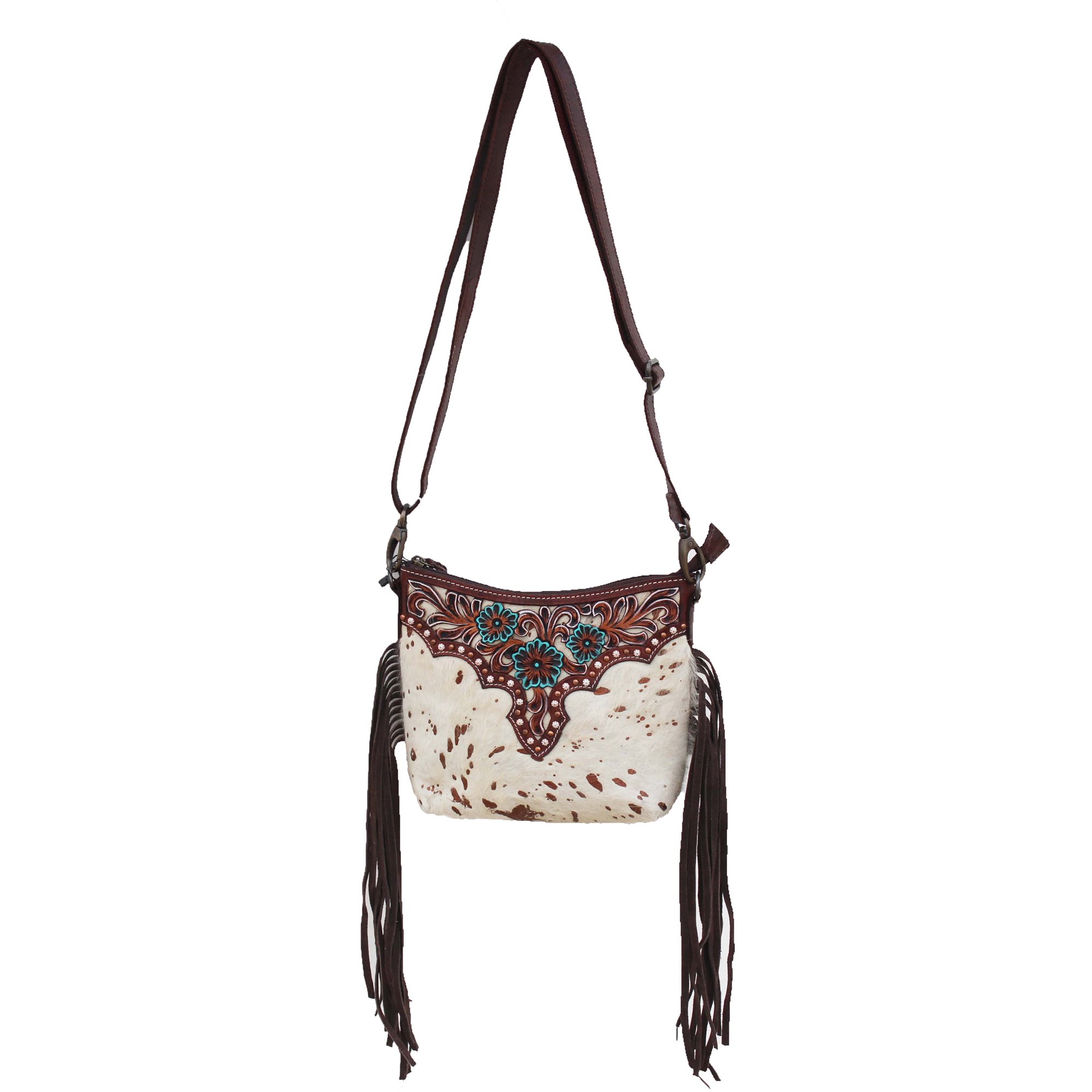 Western Cowhide Floral Tooled Filigree Studded Leather Purse Shoulder Crossbody Bag w/ Fringe 18FKH05